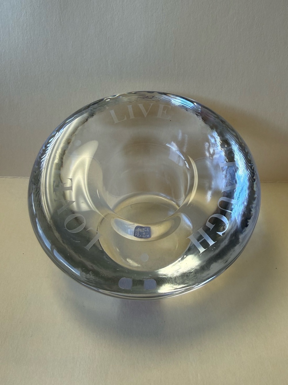 Simon Pearce handblown signed glass votive candle holder etched Love Live Laugh